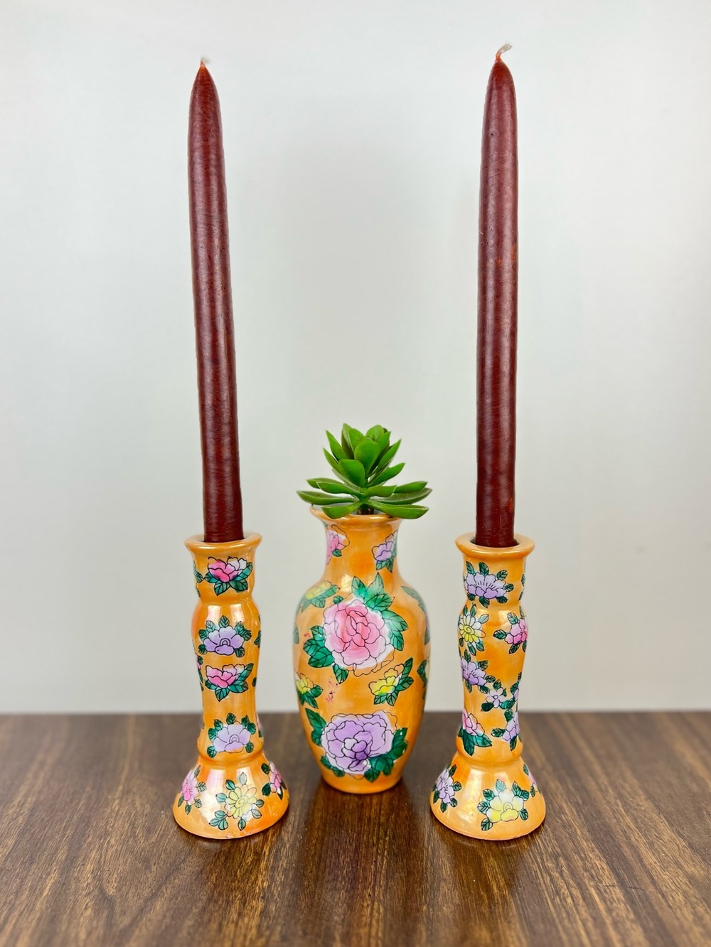 Vintage 70-80s Set Floral Porcelain Décor: Orange Candlestick Holders & Vase